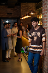 Go Devil In Ivory Printed Stripes Chocolate Oversized Jersey T-Shirt for Men