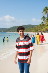 Stripes Printed Black, White and Red Oversized Jersey T-Shirt for Men