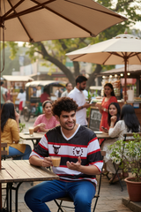 Stripes Printed Black, White and Red Oversized Jersey T-Shirt for Men