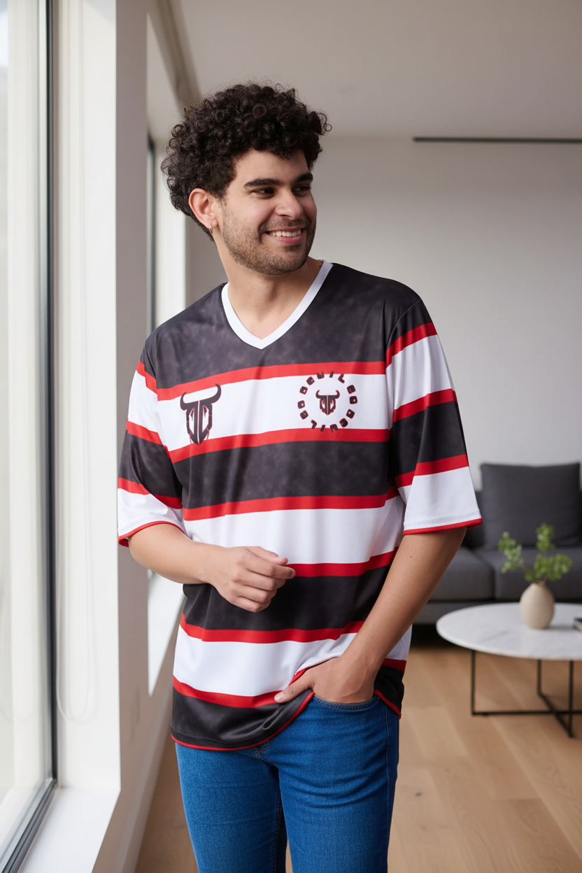 Stripes Printed Black, White and Red Oversized Jersey T-Shirt for Men