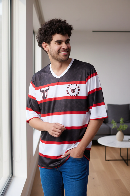 Stripes Printed Black, White and Red Oversized Jersey T-Shirt for Men