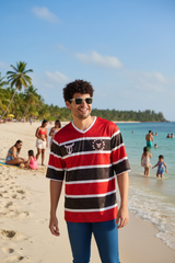 Stripes Printed Black, Red and White Oversized Jersey T-Shirt for Men