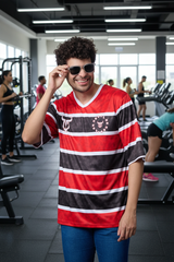 Stripes Printed Black, Red and White Oversized Jersey T-Shirt for Men