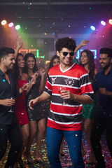 Stripes Printed Black, Red and White Oversized Jersey T-Shirt for Men