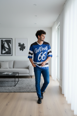 Go Devil 66 Striped (In White) Printed Blue Jersey Oversized T-Shirt for Men