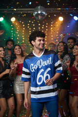Go Devil 66 Striped (In White) Printed Blue Jersey Oversized T-Shirt for Men