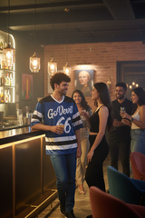Go Devil 66 Striped (In White) Printed Blue Jersey Oversized T-Shirt for Men