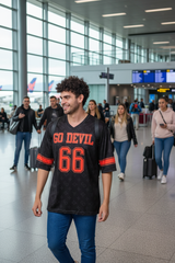 Go Devil 66 in Red Printed Black jersey  Oversized T-Shirt for Men