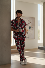 Skull with Rose Printed Black Shirt With Pant Co-Ord Set For Men