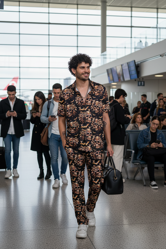 Golden Skull Printed Black Shirt With Pant Co-Ord Set For Men