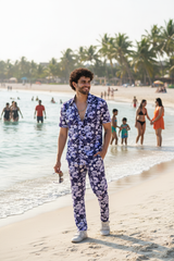 Flower Printed White and Royal Blue Shirt With Pant Co-Ord Set For Men