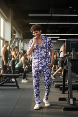 Flower Printed White and Royal Blue Shirt With Pant Co-Ord Set For Men