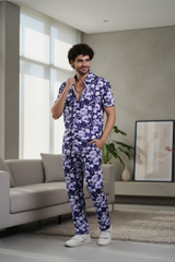 Flower Printed White and Royal Blue Shirt With Pant Co-Ord Set For Men