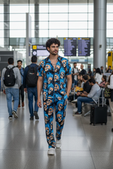 Blue Flaming Skull Printed Shirt With Pant Co-Ord Set For Men