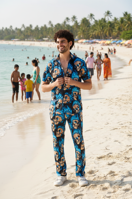 Blue Flaming Skull Printed Shirt With Pant Co-Ord Set For Men