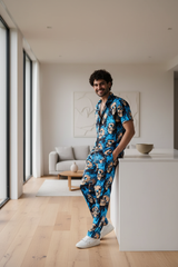 Blue Flaming Skull Printed Shirt With Pant Co-Ord Set For Men