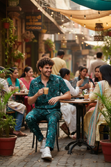 Skull and Rose Printed Green Shirt With Pant Co-Ord Set For Men