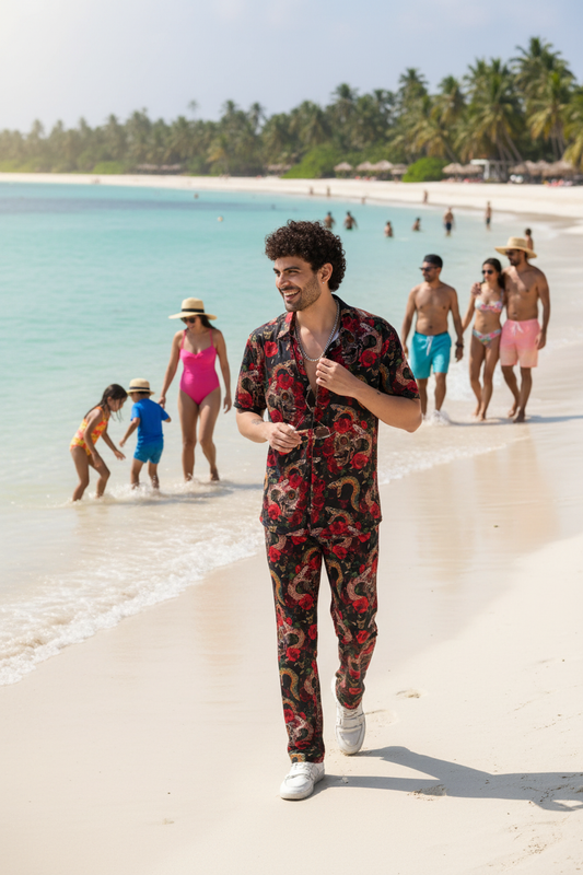 Rose with Snake Printed Shirt With Pant Co-Ord Set For Men
