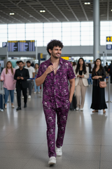 Skull and Rose Printed Purple Shirt with Pant Co-Ord Set For Men