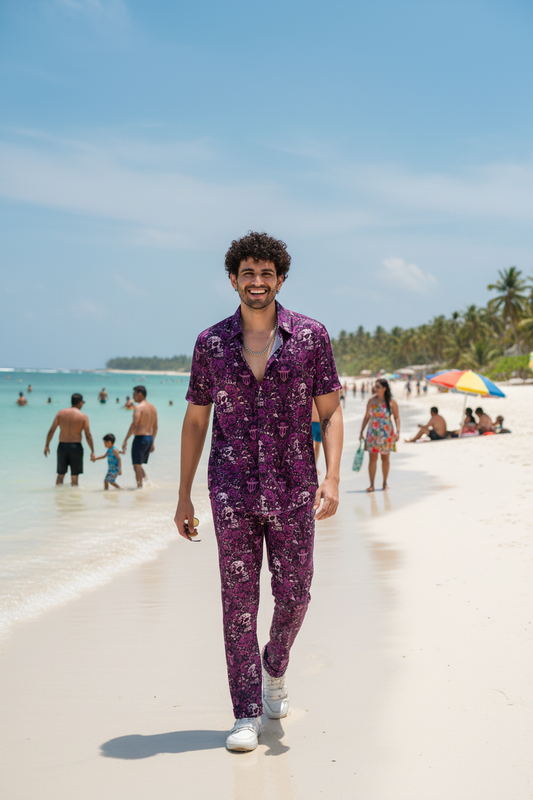 Skull and Rose Printed Purple Shirt with Pant Co-Ord Set For Men