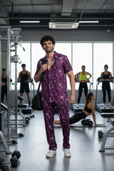 Skull and Rose Printed Purple Shirt with Pant Co-Ord Set For Men