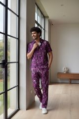 Skull and Rose Printed Purple Shirt with Pant Co-Ord Set For Men