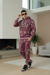 Go Devil 66 & Paisley Design Printed Red Hooded Cord Set for Men