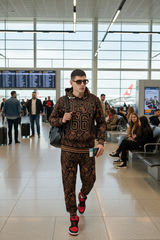 Go Devil 66 & Golden Paisley Design (in Brown) Printed Black Hooded Cord Set for Men