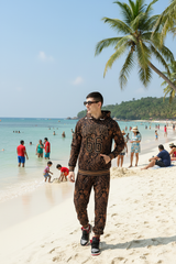 Go Devil 66 & Golden Paisley Design (in Brown) Printed Black Hooded Cord Set for Men