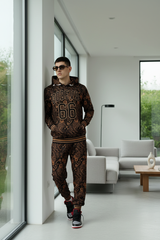 Go Devil 66 & Golden Paisley Design (in Brown) Printed Black Hooded Cord Set for Men