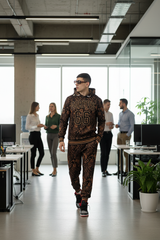 Go Devil 66 & Golden Paisley Design (in Brown) Printed Black Hooded Cord Set for Men