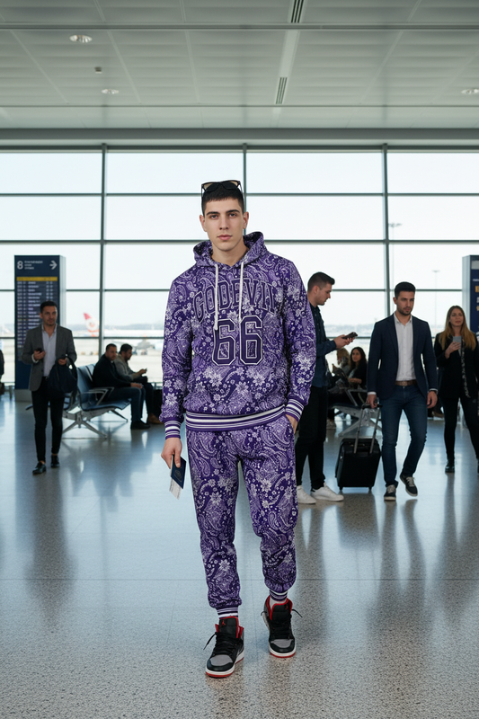 Go Devil 66 & Paisley Design Printed Purple Hooded Cord Set for Men