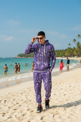 Go Devil 66 & Paisley Design Printed Purple Hooded Cord Set for Men