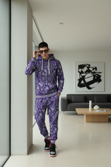 Go Devil 66 & Paisley Design Printed Purple Hooded Cord Set for Men