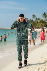 Go Devil 66 & Paisley Design Printed Dark Green Hooded Cord Set for Men