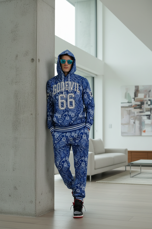 Go Devil 66 & Paisley Design Printed Blue Hooded Cord Set for Men