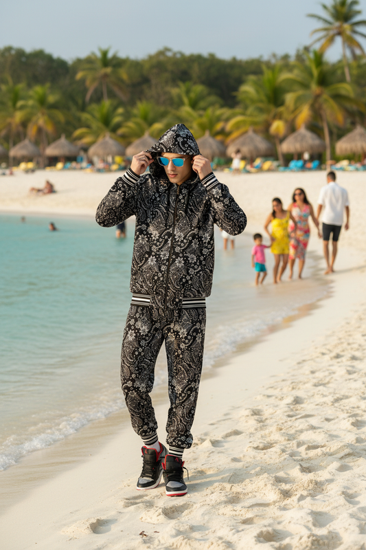 Paisley Design Printed Black  Zipper Hoodie Cord Set for Men