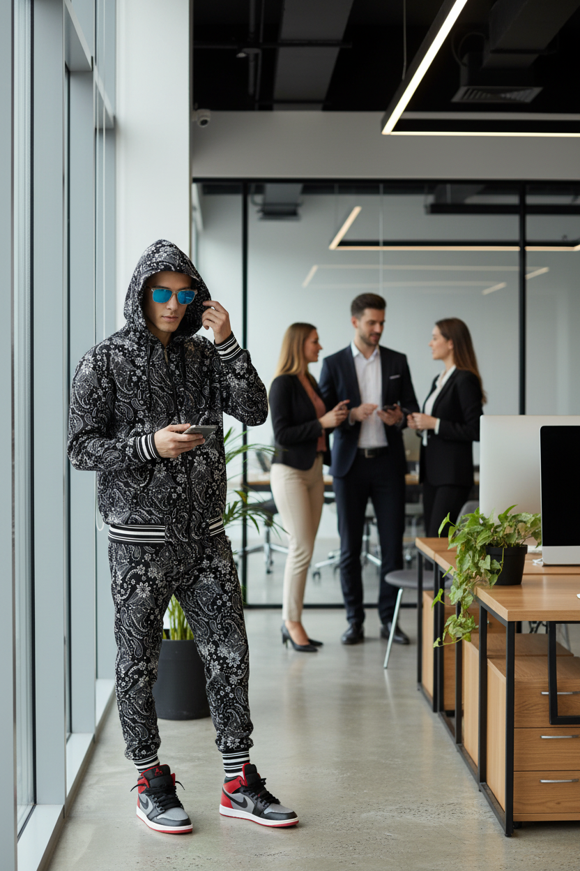 Paisley Design Printed Black  Zipper Hoodie Cord Set for Men