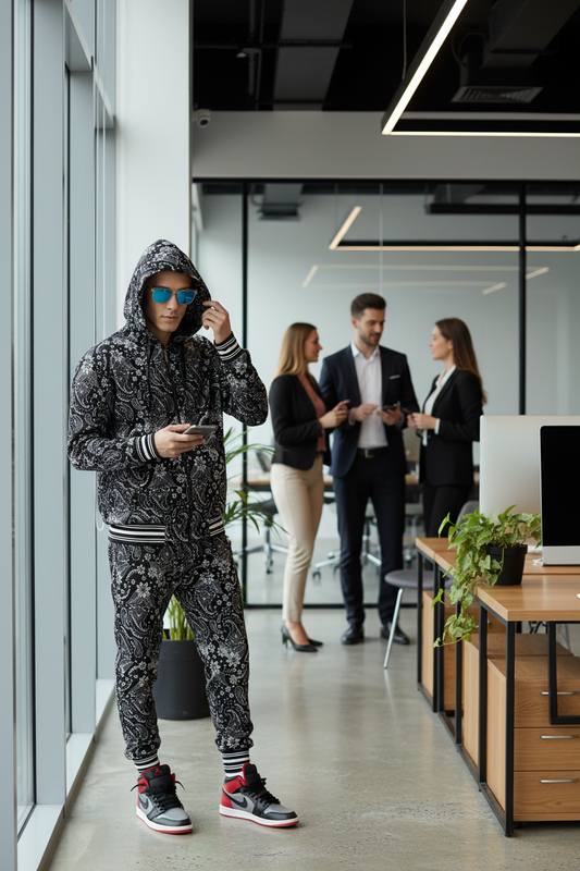 Paisley Design Printed Black  Zipper Hoodie Cord Set for Men