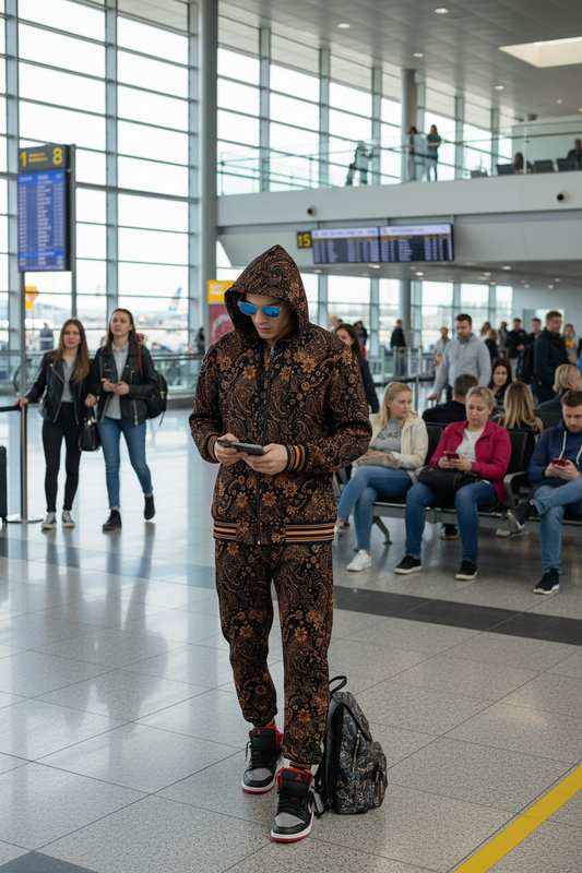 Paisley Design (in Brown) Printed Black Zipper Hoodie for Men