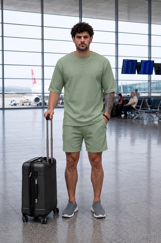 Go Devil Sage Green Textured T-Shirt With Short Co-Ord Set For Men