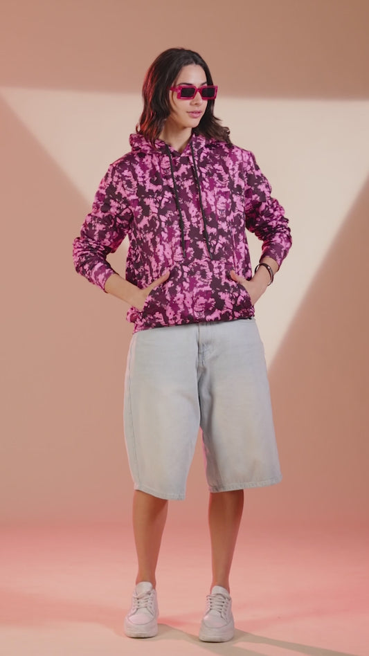 Go Devil Women’s Pink Floral Abstract Printed Hoodie