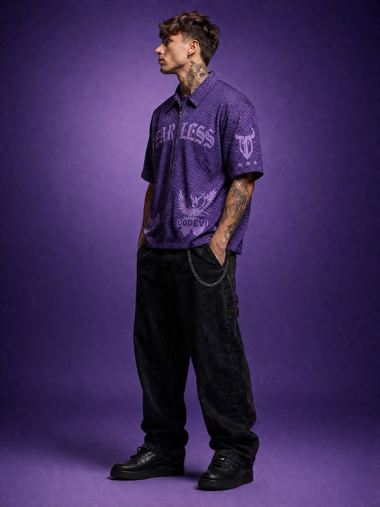 Go Devil Fearless Graphic Zip Oversized Dark Purple Half Sleeve Shirt For Men