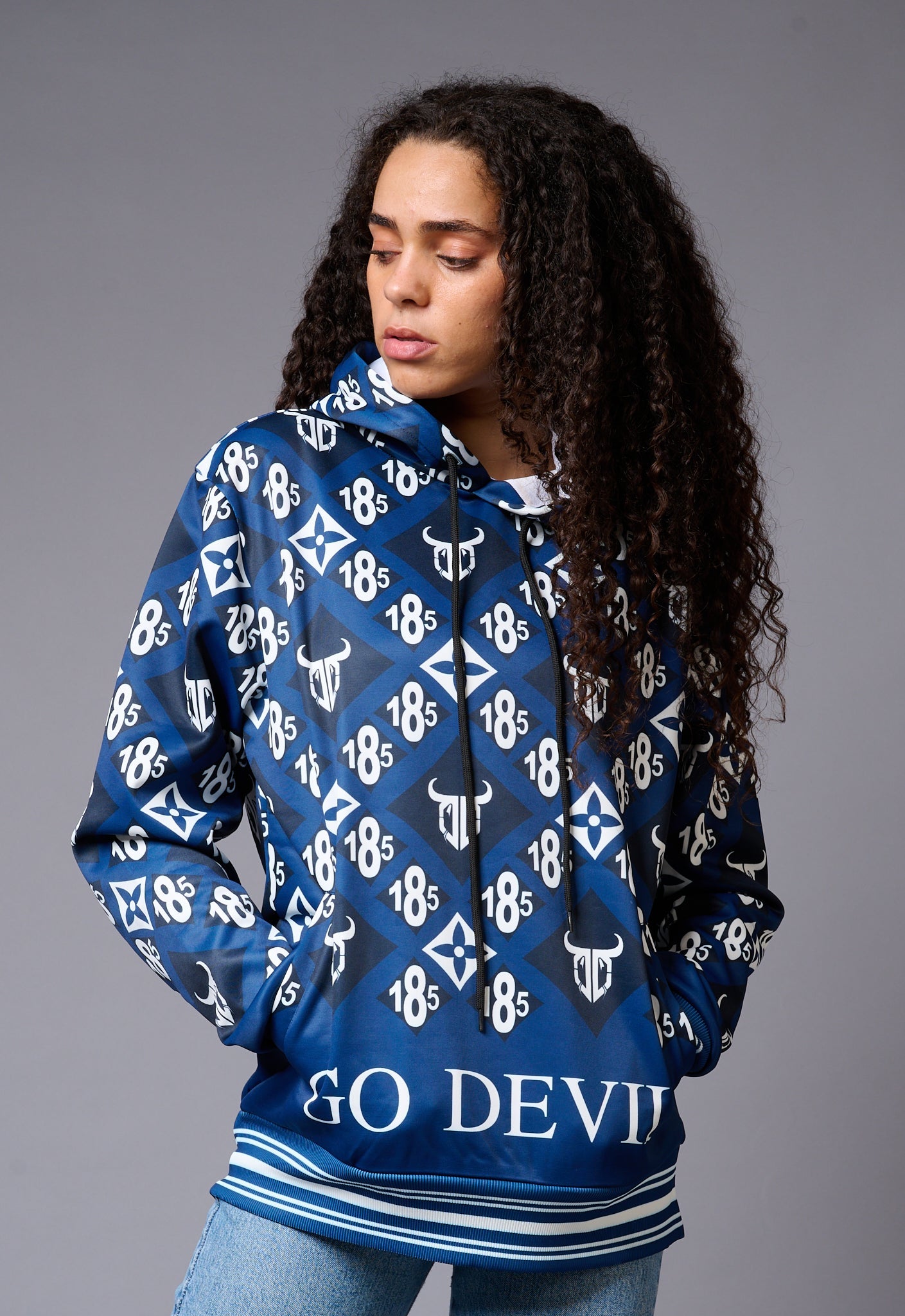 185 GD Logo (in white) Printed Blue Hoodie for Women - Go Devil