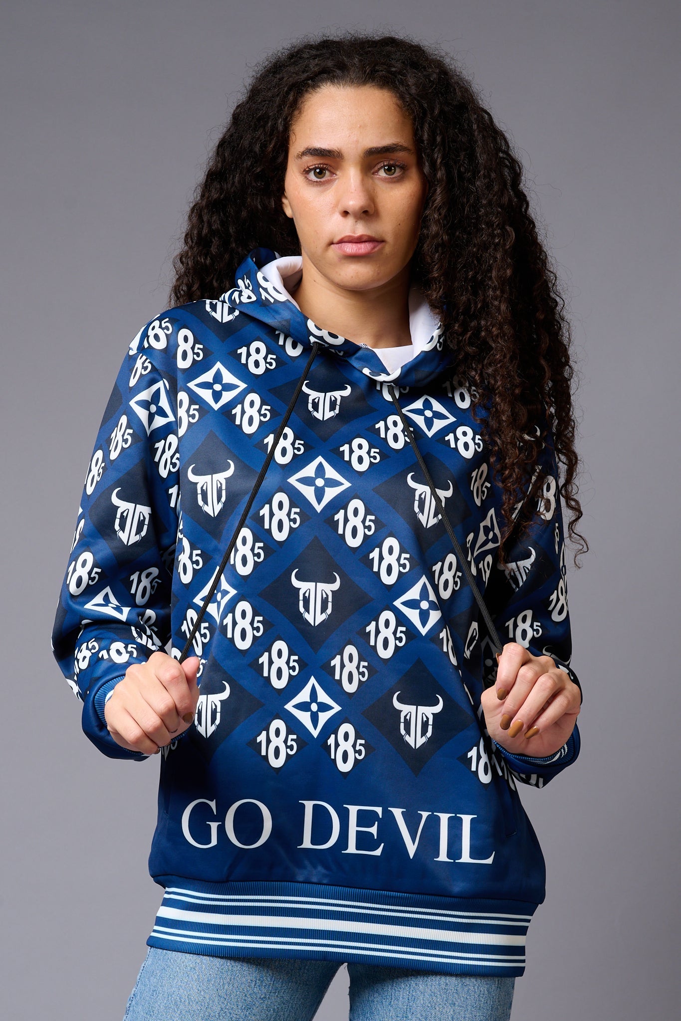 185 GD Logo (in white) Printed Blue Hoodie for Women - Go Devil