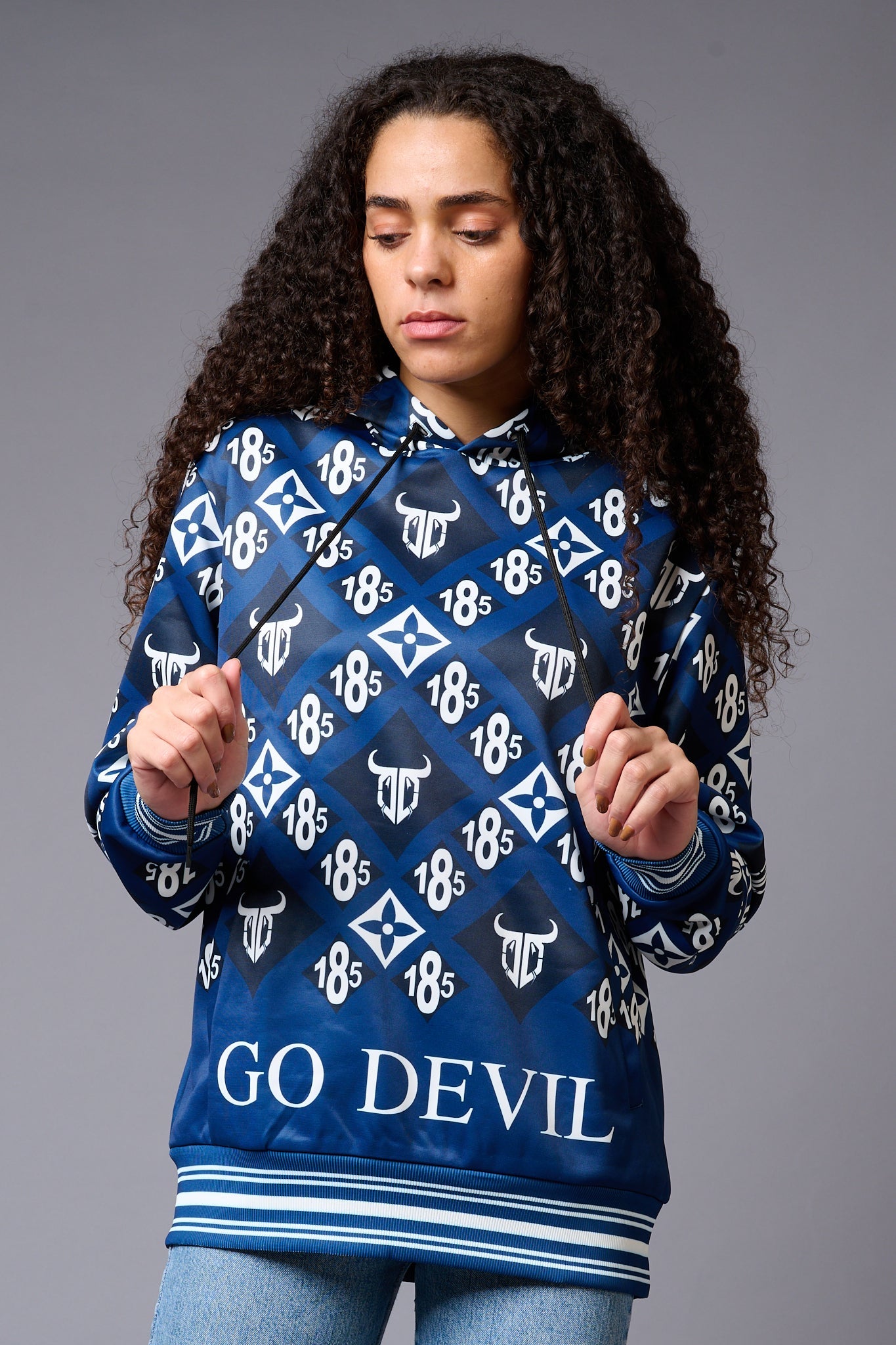 185 GD Logo (in white) Printed Blue Hoodie for Women - Go Devil