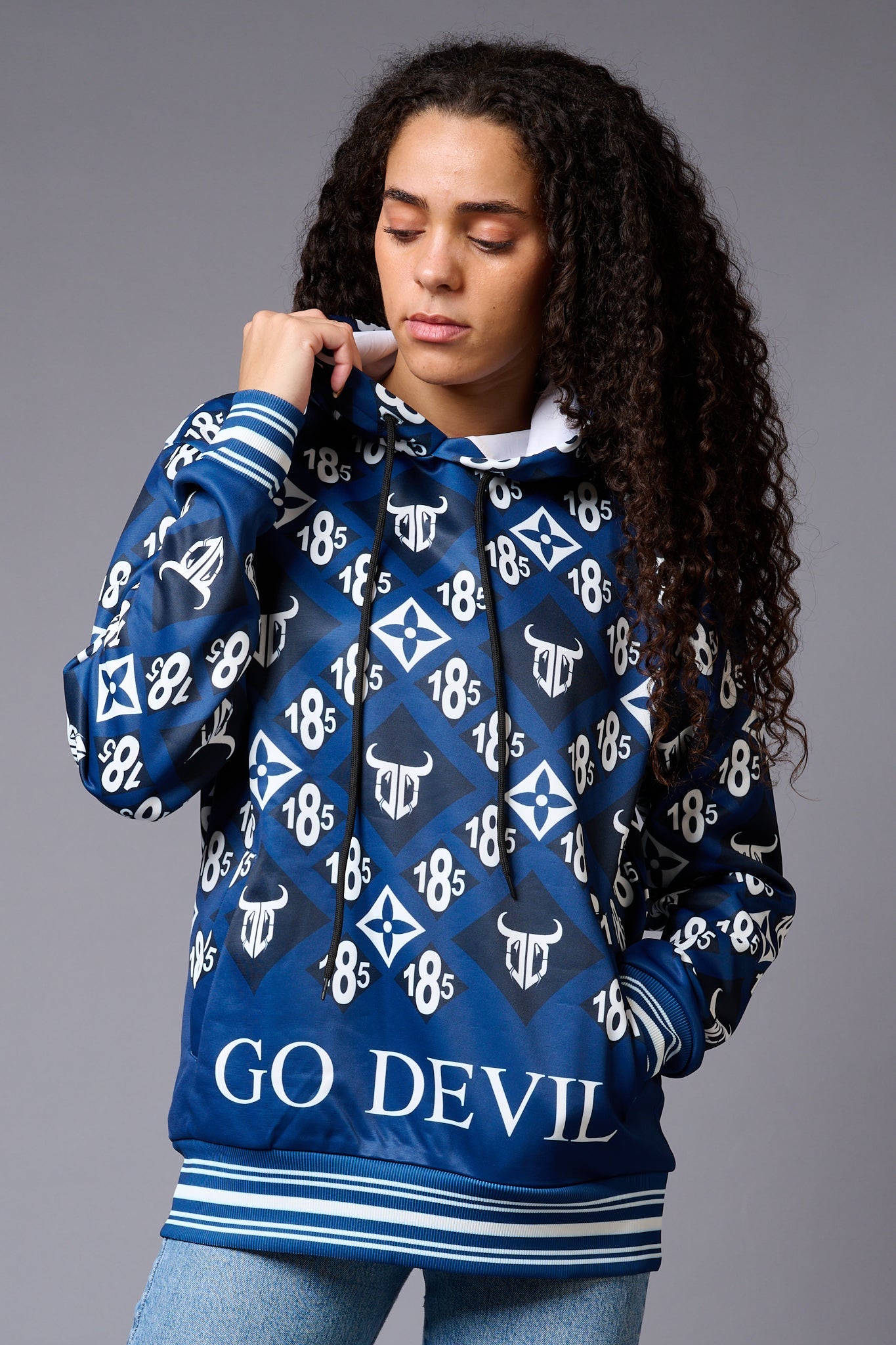 185 GD Logo (in white) Printed Blue Hoodie for Women - Go Devil