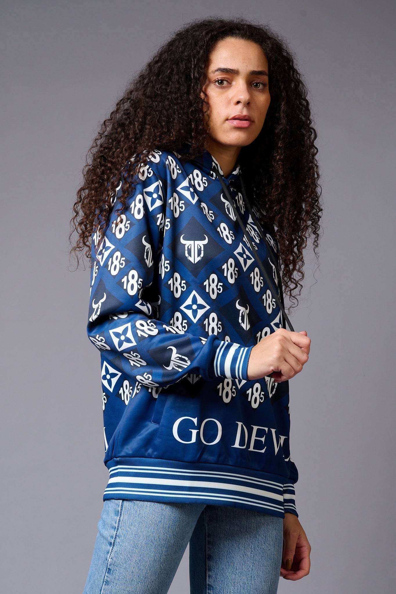 185 GD Logo (in white) Printed Blue Hoodie for Women - Go Devil