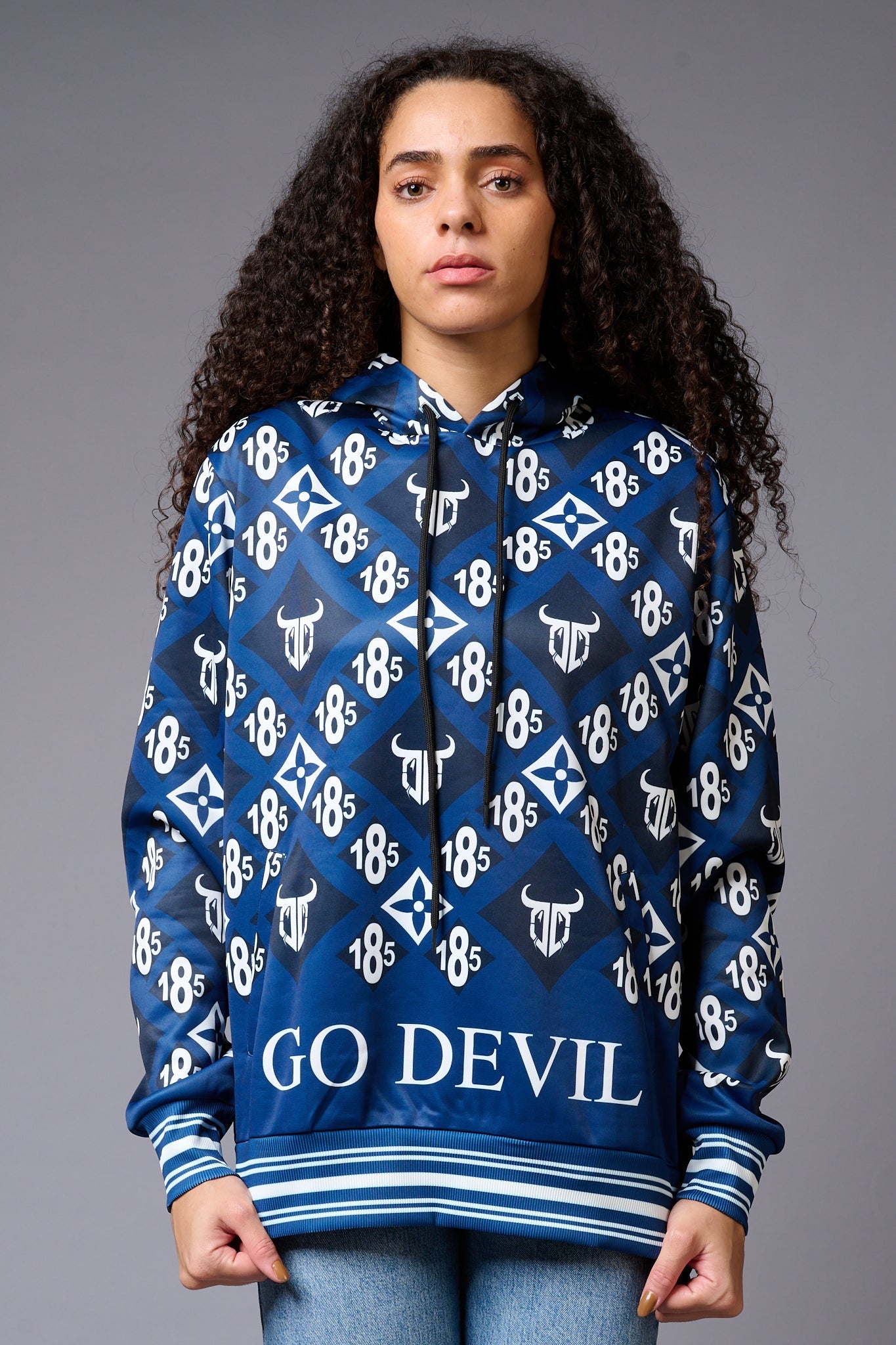 185 GD Logo (in white) Printed Blue Hoodie for Women - Go Devil
