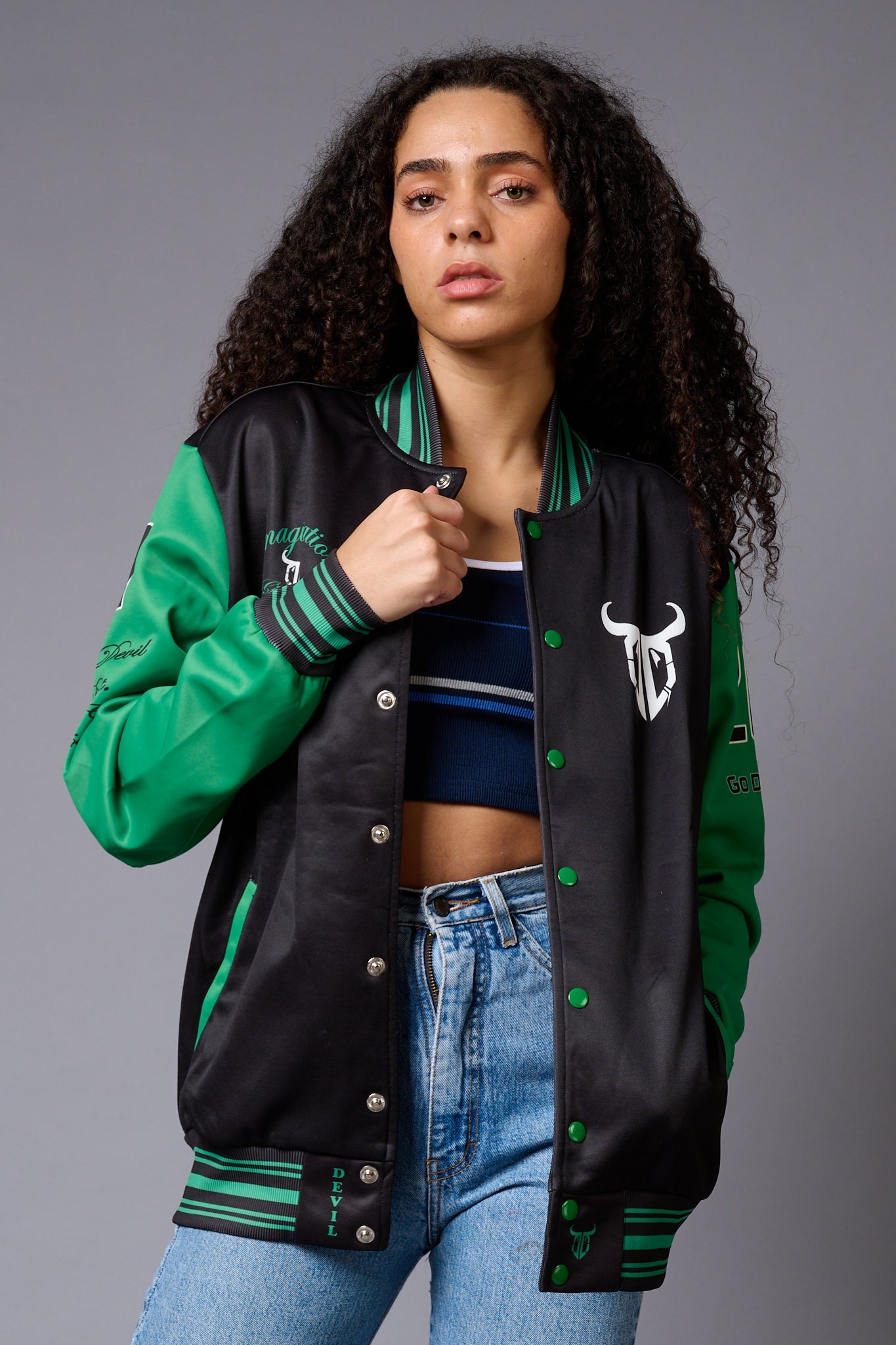 666 Imagination Black & Green Varsity Jacket for Women - Go Devil